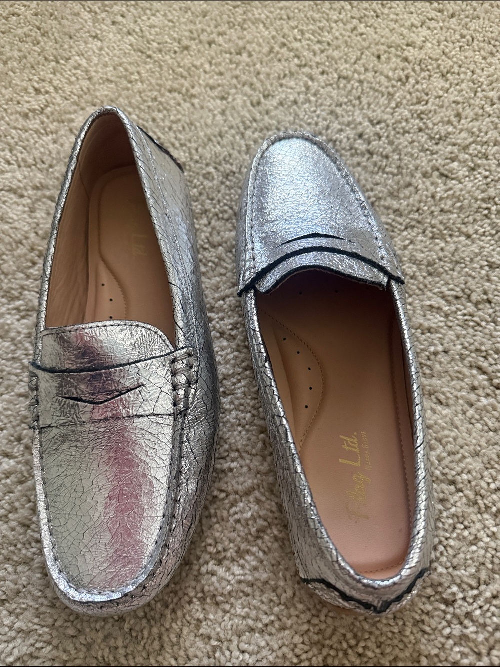 Metallic Silver Penny Loafers for Women